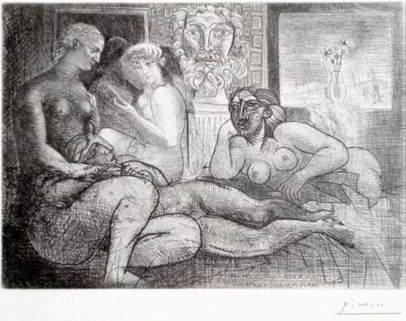 エッチング Picasso - ‚Quatre femmes nues et tete sculptée La Suite Vollard