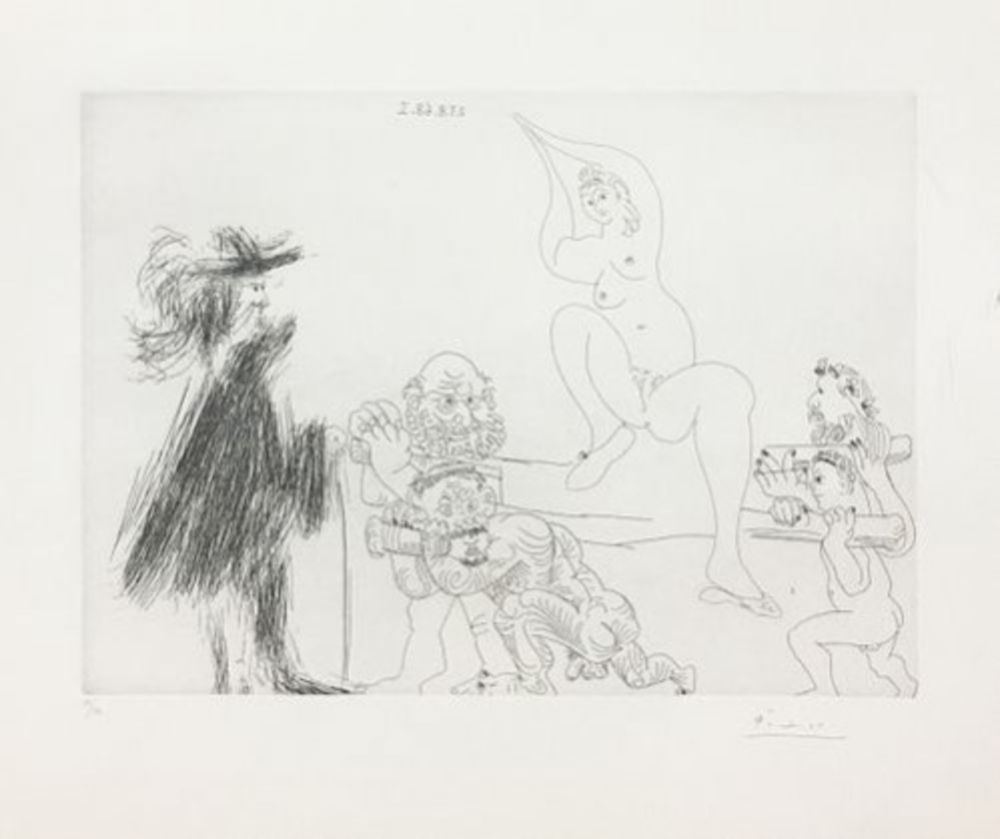彫版 Picasso - Quatre portefaix apportant a un gentilhomme une jeune femme sur une litiere
