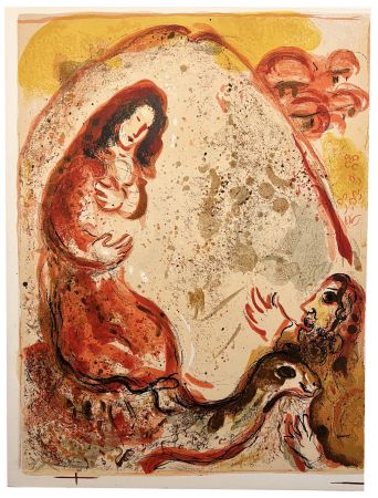 リトグラフ Chagall - RACHEL DÉROBE LES IDOLES DE SON PÈRE (Dessins pour la Bible, 1960)