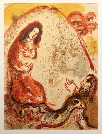リトグラフ Chagall - RACHEL DÉROBE LES IDOLES DE SON PÈRE (Dessins pour la Bible, 1960)