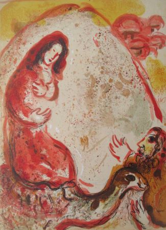リトグラフ Chagall - Rachel derobe les Idoles de son pere / Rachel  hides her father