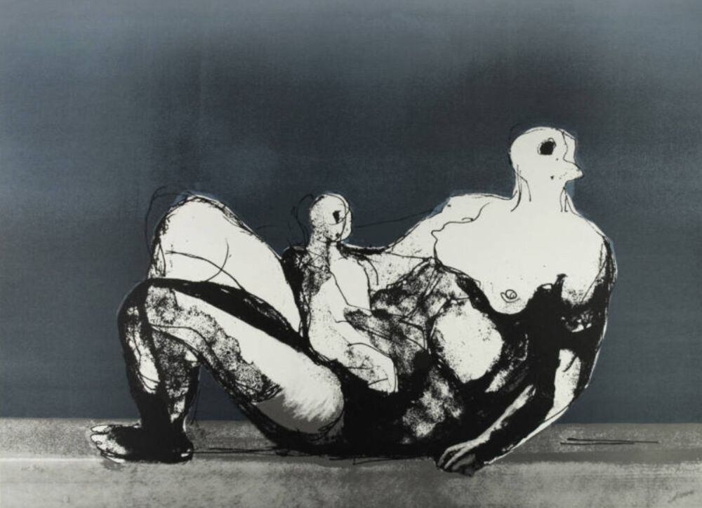 リトグラフ Moore - Reclining Mother and Child with Blue Background