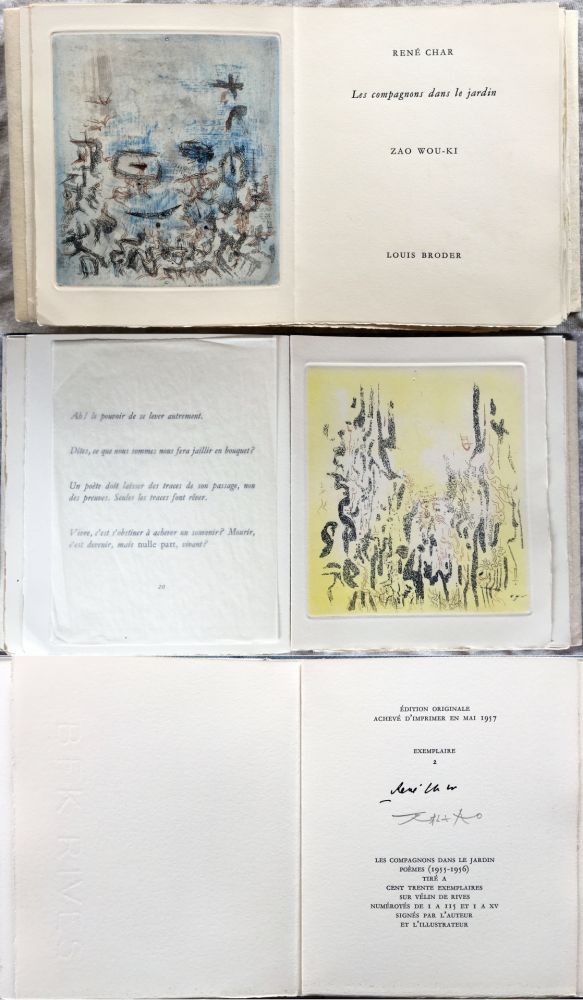 挿絵入り本 Zao - René Char : LES COMPAGNONS DANS LE JARDIN. 4 gravures originales en couleurs (1957)