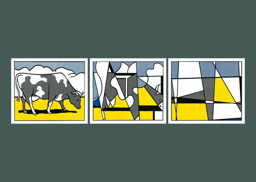 リトグラフ Lichtenstein - Roy Lichtenstein: 'Cow Going Abstract' 1982 Offset-lithograph Triptych Set