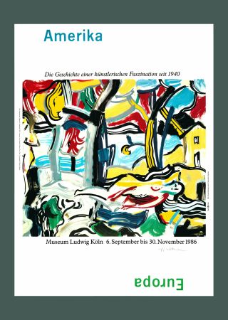 リトグラフ Lichtenstein - Roy Lichtenstein: 'Figures in Landscape' 1986 Offset-lithograph (Hand-signed)