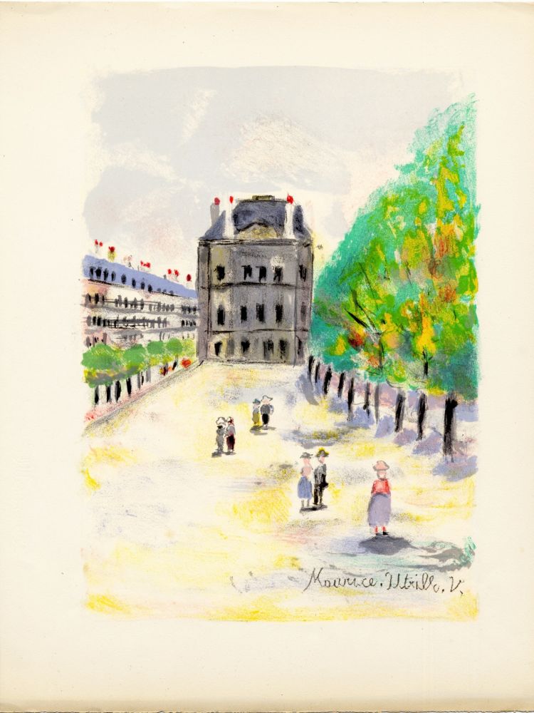 リトグラフ Utrillo - RUE DE RIVOLI. (Pavillon de Marsan). Épreuve pour Maurice Utrillo (Paris, 1955)