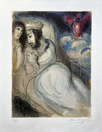 リトグラフ Chagall - SARA ET ABIMELECH (Sarah and Abimelech). Lithographie originale signée pour DESSINS POUR LA BIBLE.