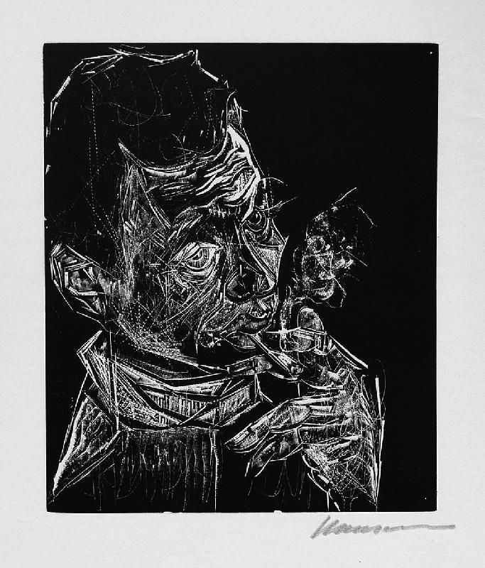 木版 Hansen-Bahia - Selbstbildnis, rauchend / Self-Portrait, Smoking