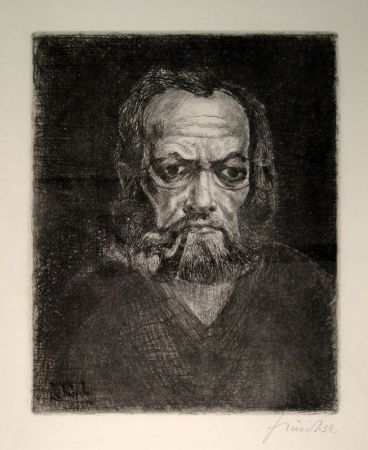 彫版 Schürch - Selbstporträt en face mit Pfeife