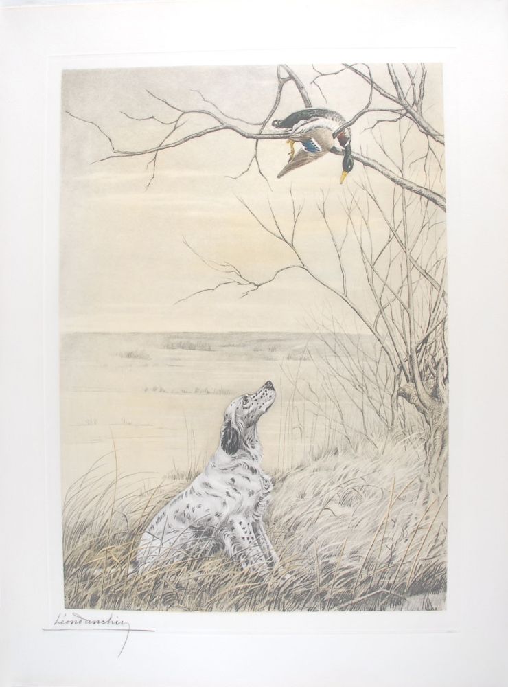 彫版 Danchin - Setter et Canard branche - English Setter and Duck in a tree (Original)