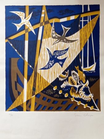 リトグラフ Unknown - Simon Chaye(n.1930) - Composition with Birds, 1970s, Hand signed  Lithograph