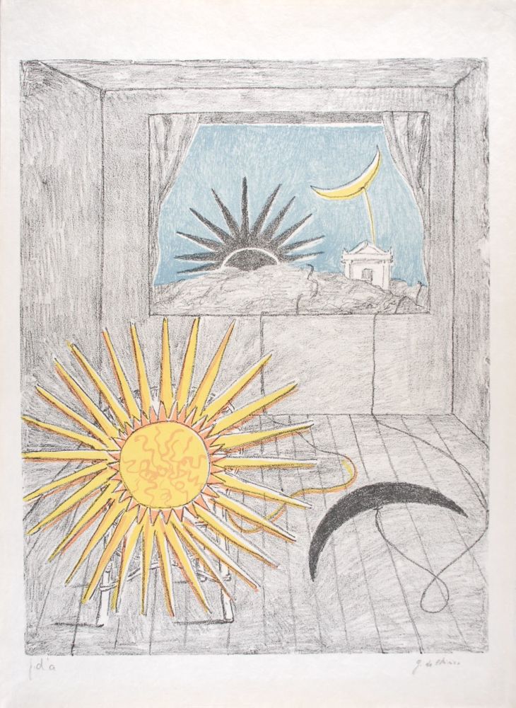 リトグラフ De Chirico - Sole e luna in una stanza