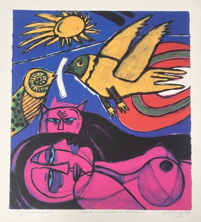 シルクスクリーン Corneille - Sérigraphie Femme avec chat dans un été joyeux, 1988