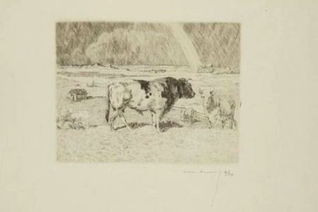彫版 Lunois - Taureau dans un pré / Bull in a Meadow