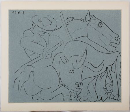 リノリウム彫版 Picasso - Taureau désarmant un picador (La pique cassée)