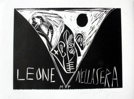リノリウム彫版 Paladino - Terra tonda africana 1 - Leone nella sera