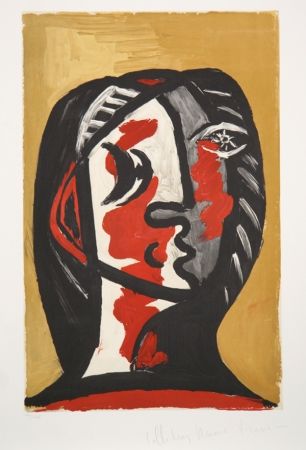 リトグラフ Picasso - Tete de Femme en Gris et Rouge sur Fond Ochre