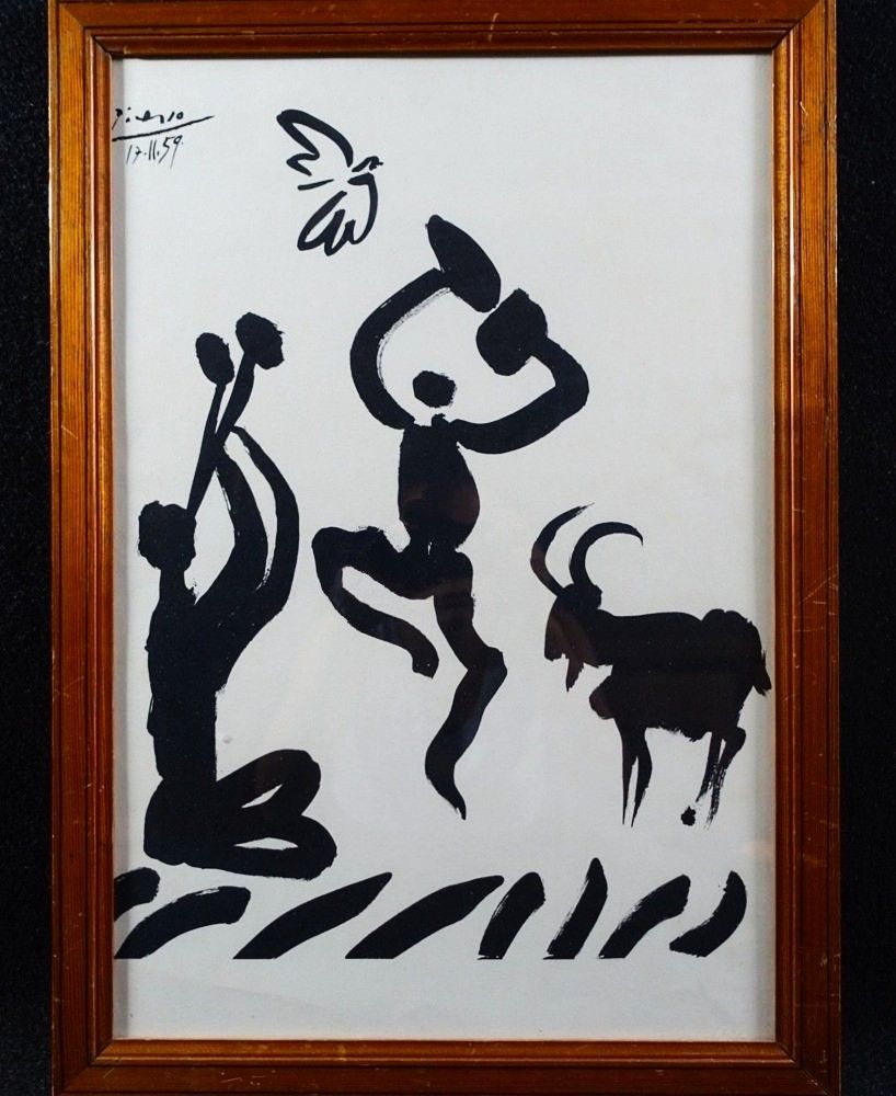 リトグラフ Picasso - The flute player with fauns, Lithograph on Arches paper