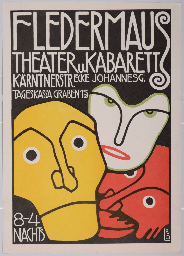 リトグラフ Löffler - Three Masks, Fledermaus Theater and Cabaret, 1907