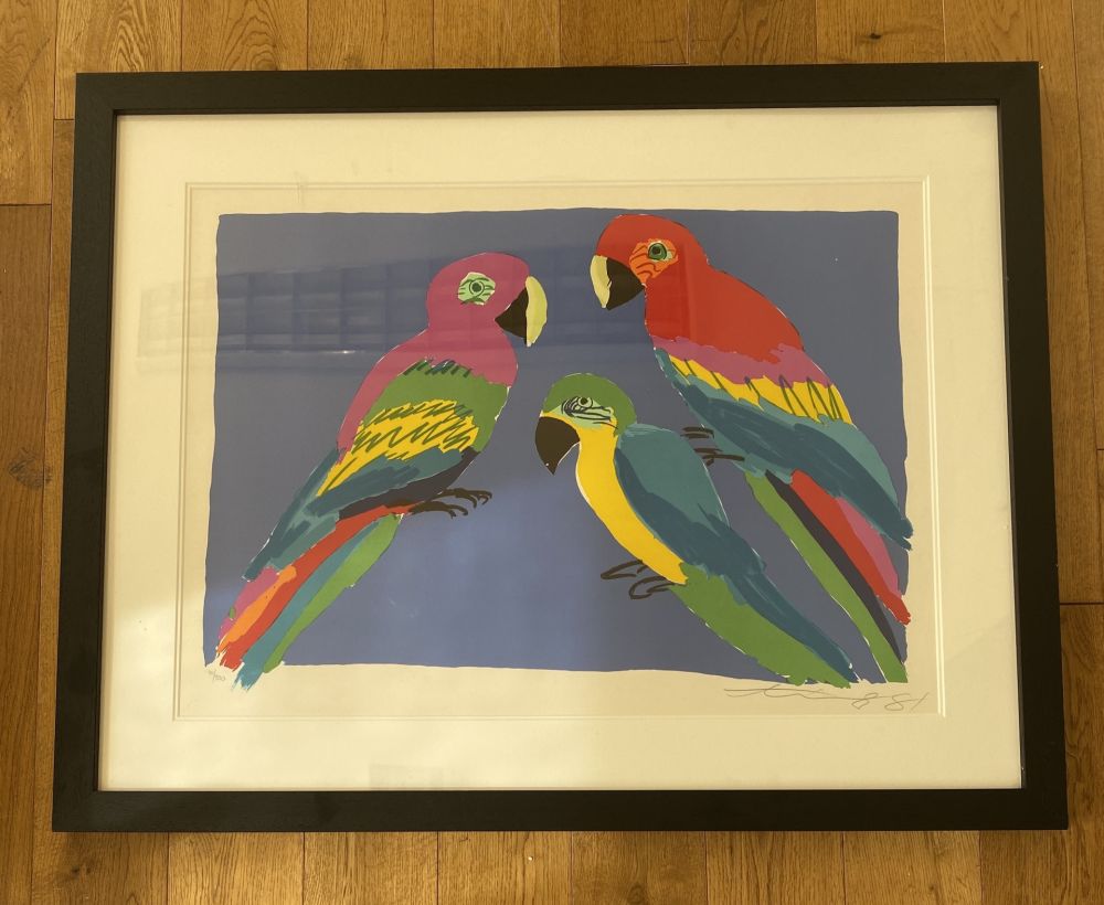 リノリウム彫版 Ting - Three Parrots 