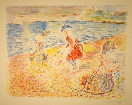リトグラフ Terechkovich - Trois enfants sur une plage / Drei spielende Mädchen am Strand