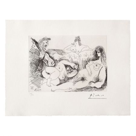エッチングと　アクチアント Picasso - Trois Femmes nues écoutant un joueur de guitare