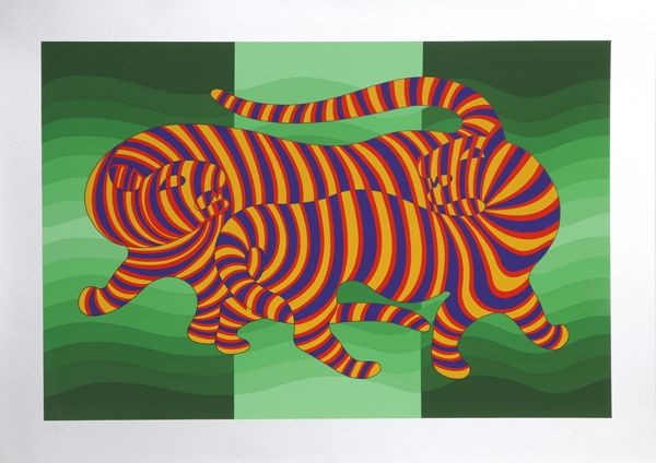 シルクスクリーン Vasarely - Two Tigers on Green
