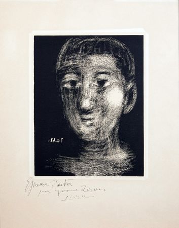 リノリウム彫版 Picasso - TÊTE DE GARCON (III). Linogravure, signée et dédicacée (1962)