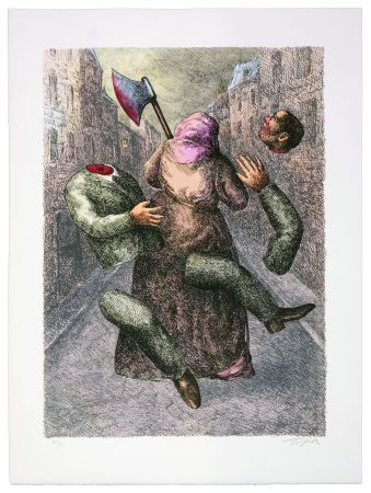 リトグラフ Topor - Une jeune femme nocturne a asséné un coup de hache à A.Renaudy, dans un cabaret du boulevard Rochechouart, puis est partie