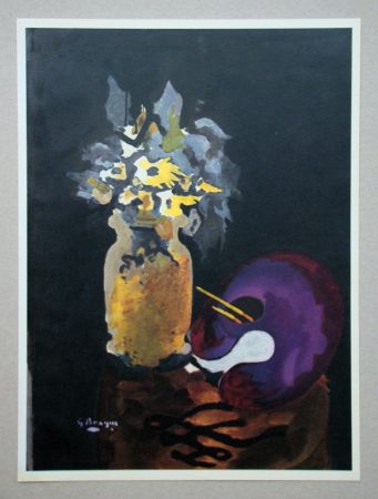 リトグラフ Braque (After) - Vase de fleurs jaune et palette