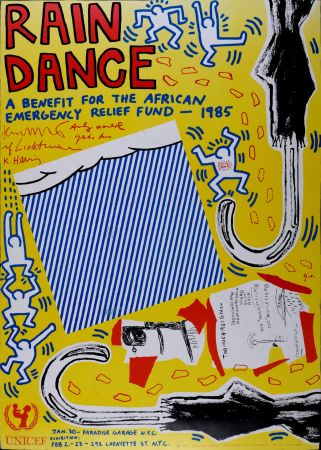 リトグラフ Haring - (with Andy Warhol, Jean Michel Basquiat, Roy Lichtenstein & Yoko Ono) - Rain Dance, 1985