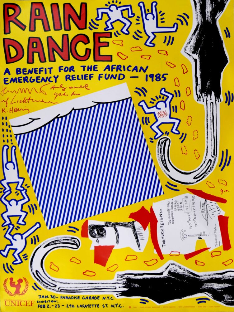 リトグラフ Haring - (with Andy Warhol, Jean Michel Basquiat, Roy Lichtenstein & Yoko Ono) - Rain Dance, 1985 - Rare first printing!