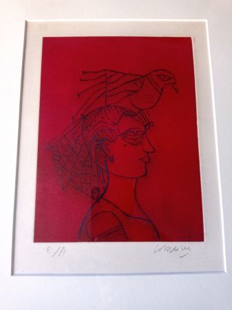 エッチングと　アクチアント Corneille - Woman with Bird, Hand-signed Etching in color