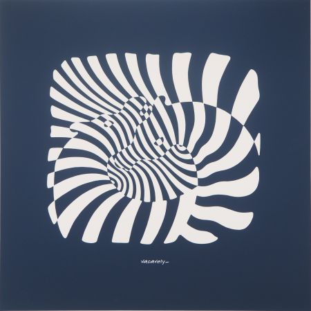 シルクスクリーン Vasarely - Zèbres sur fond bleu