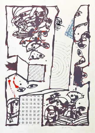 リトグラフ Alechinsky - Pierre Alechinsky (1927) – Chutes et panaches, avec extraits de partitions labyrinthiques de Jean-Yves Bosseur – Lithograph on paper – 2001