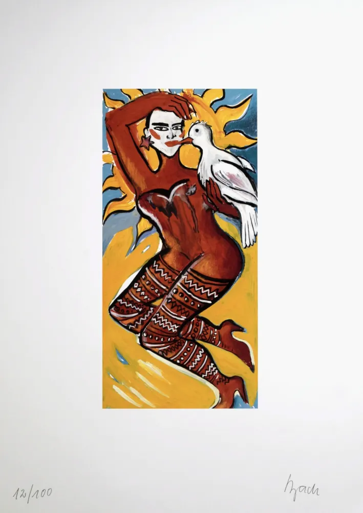 リトグラフ Bach - Femme à l'oiseau, 1995 - Hand-signed!