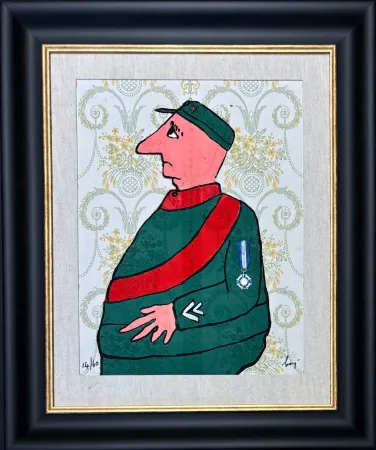 彫版 Baj - Enrico Baj (1924–2003) – Caporal – Color etching and collage on brocade – 1972