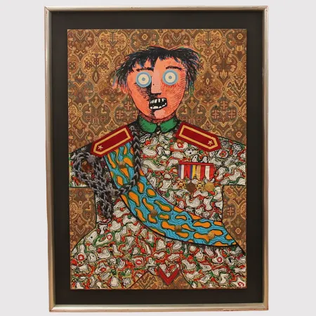 技術的なありません Baj - Enrico Baj ( 1924 – 2003 ) – Le stratége militaire Sahuguet d'Amarzit d'Espagnac – Mixed media with passamentrie and collage on brocade with originals medals and pins - 1971