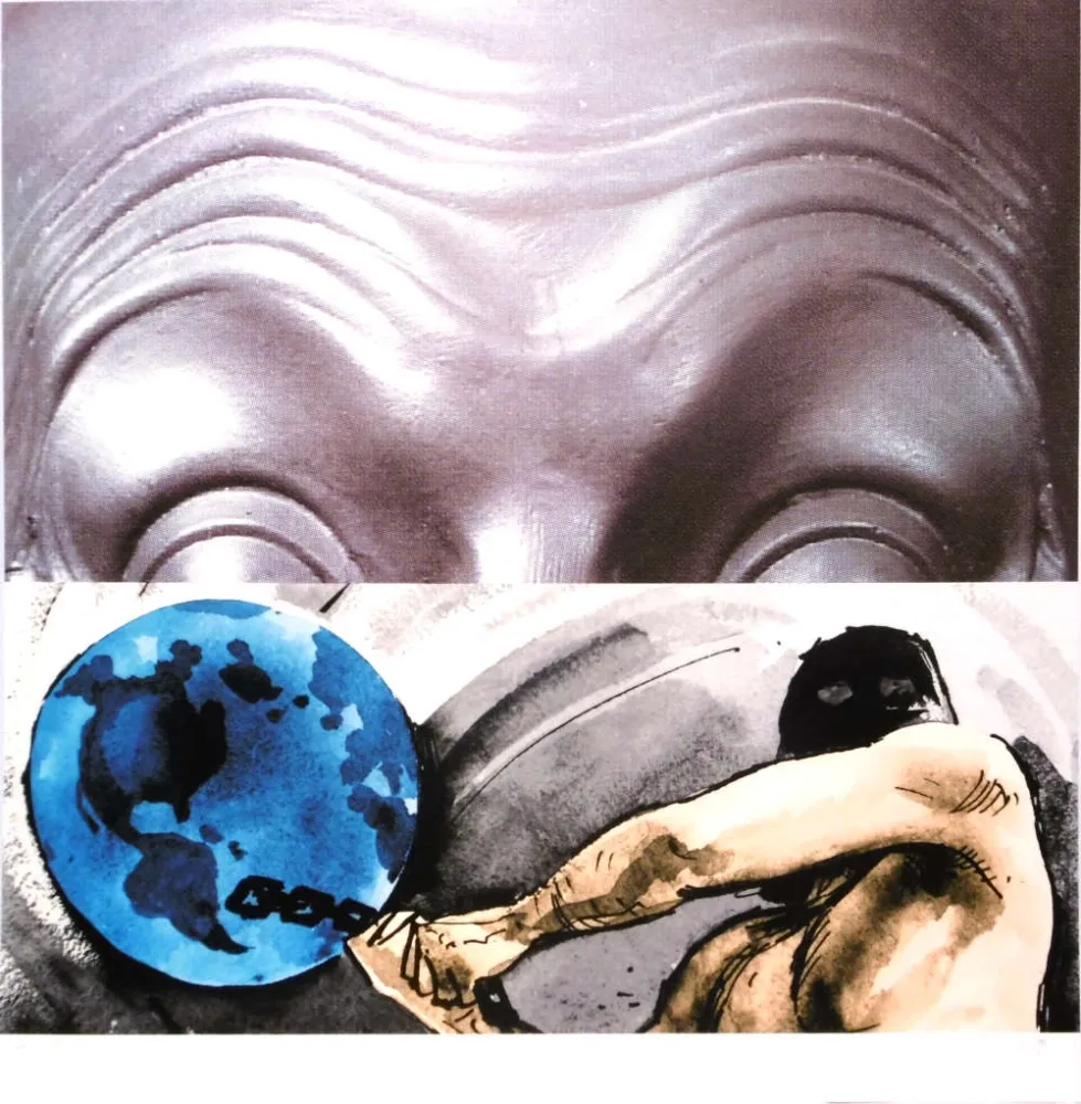 シルクスクリーン Baldessari - Eyebrows furrowed foreheads figure with globe