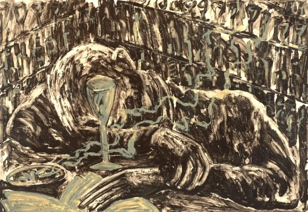 リトグラフ Barcelo - Jeune homme ivre dans un bar.