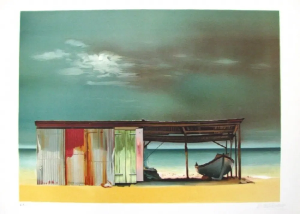 リトグラフ Battut - Baraque sur la plage
