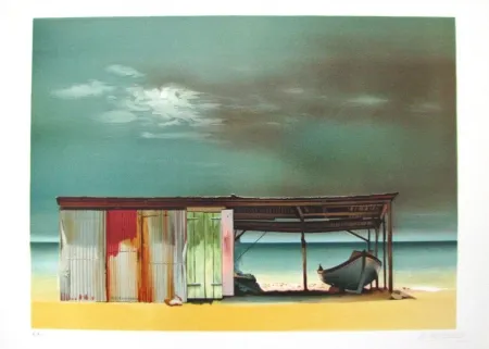 リトグラフ Battut - Baraque sur la plage