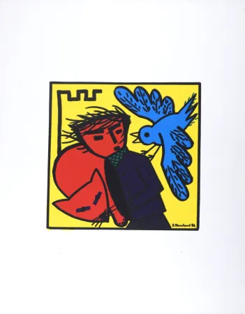 リトグラフ Blanchard - Oiseau, personnage et chat