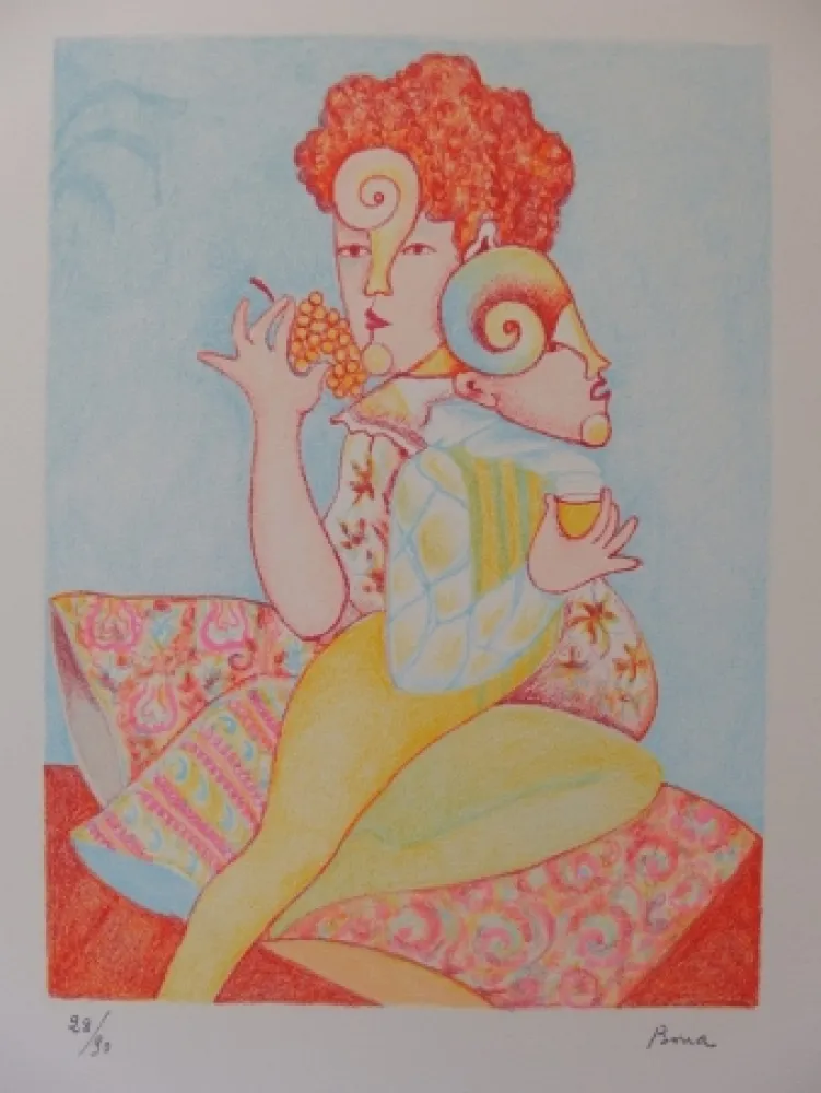 リトグラフ Bona - Mangeuse de raisin, buveur de vin