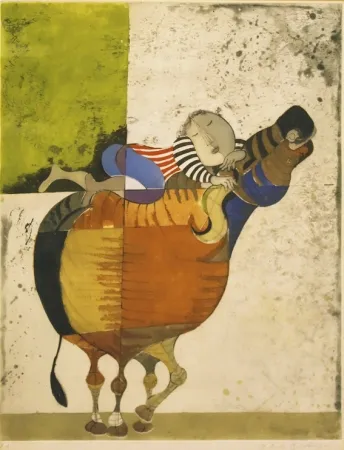 エッチング Boulanger - Enfant sur vache