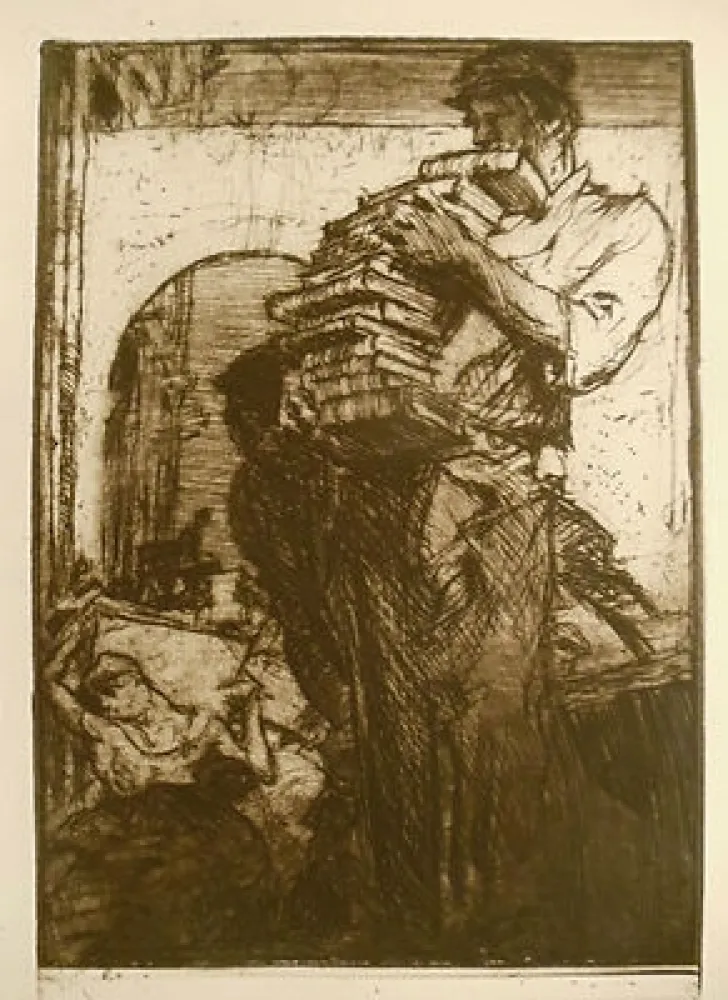 彫版 Brangwyn - Man Carrying a Pile of Books