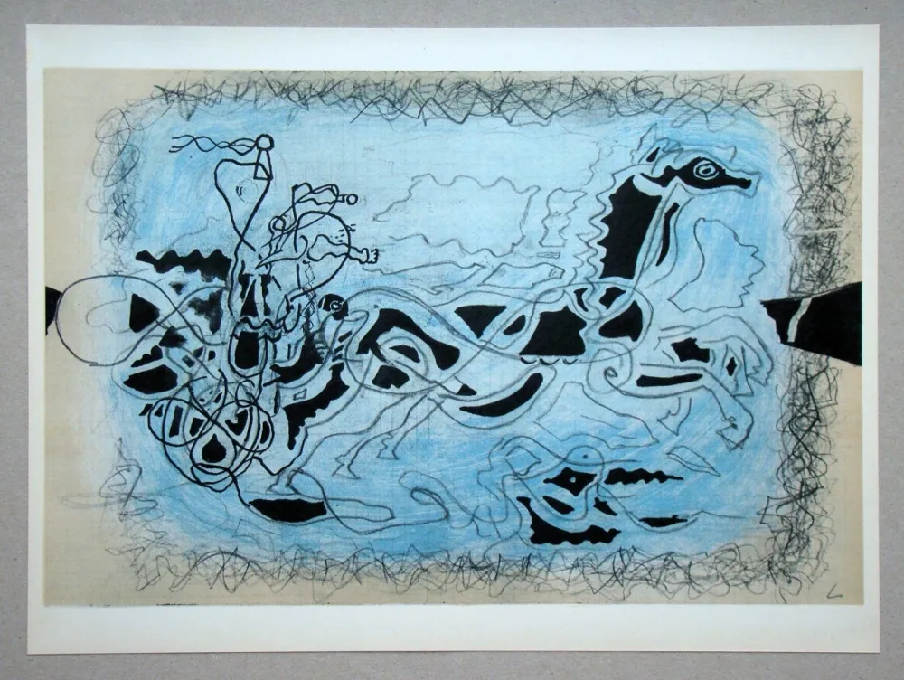 リトグラフ Braque (After) - Char noir sur fond bleu