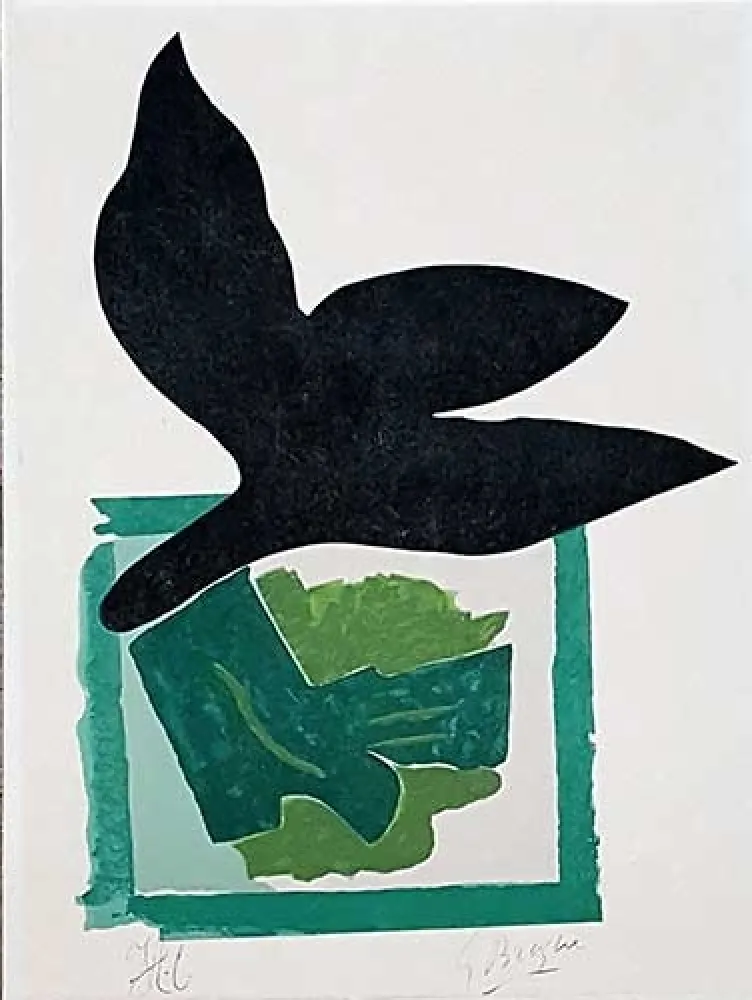 木版 Braque - Oiseau noir sur fond vert