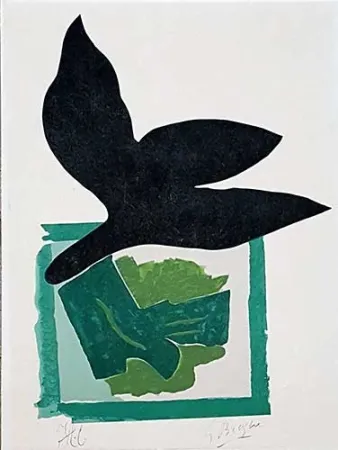 木版 Braque - Oiseau noir sur fond vert
