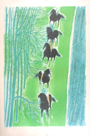 リトグラフ Brasilier - Cavalcade au Bord du Cher - Cavalcade on the side of the Cher